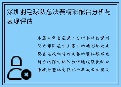 深圳羽毛球队总决赛精彩配合分析与表现评估